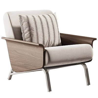 Modern Beige Single Sofa With Wooden Armrests Striped Cushion And Metal Legs 3d model