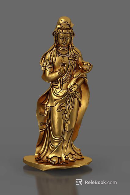 Golden Female Figure Sculpture Carving With Flowing Robes And Ornaments 3d model 