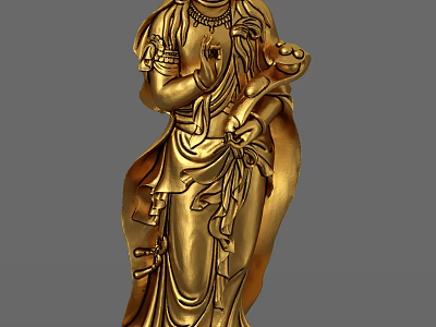 Golden Female Figure Sculpture Carving With Flowing Robes And Ornaments 3d model