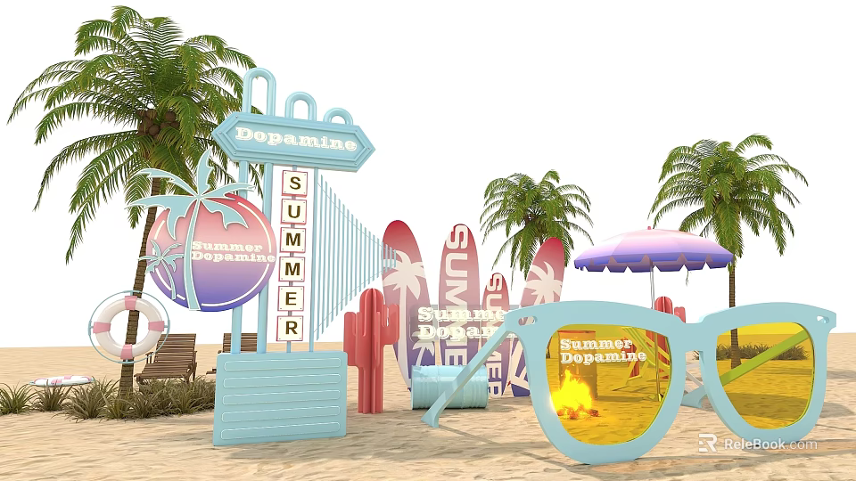Vibrant Summer Beach Decor With Sunglasses Palm Trees Umbrella And Colorful Signs 3d model 