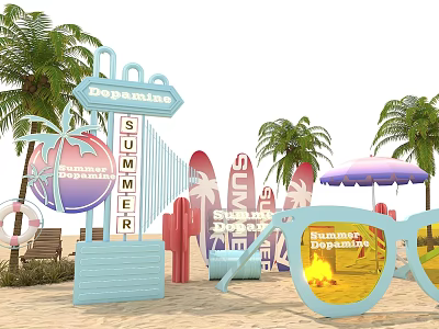 Vibrant Summer Beach Decor With Sunglasses Palm Trees Umbrella And Colorful Signs 3d model