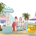 Vibrant Summer Beach Decor With Sunglasses Palm Trees Umbrella And Colorful Signs