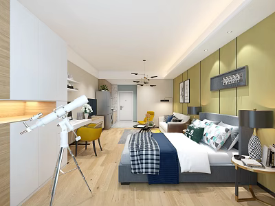 Modern Apartment Interior With Open Design Bed Sofa Wooden Flooring And Yellow Walls 3d model