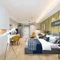 Modern Apartment Interior With Open Design Bed Sofa Wooden Flooring And Yellow Walls