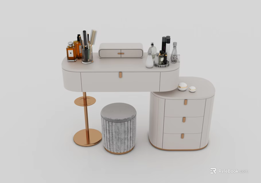 Modern White Round Dressing Table With Drawers Stool And Cosmetics Brushes 3d model 