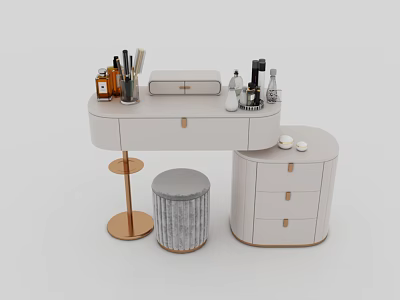 Modern White Round Dressing Table With Drawers Stool And Cosmetics Brushes 3d model