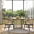 Rattan Round Dining Table Set With Four Chairs Window View And Green Plants 3d model