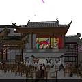 Ancient Chinese Architecture Traditional Stage With Opera Masks Performers Courtyard Tables Chairs And Classic Roof Design