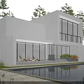 Modern Detached Villa With Swimming Pool Large Glass Windows And Lush Green Garden
