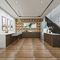 Elegant Restaurant Interior With Glass Partitions Wooden Tables Chandeliers And Patterned Flooring