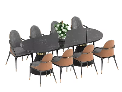 Elegant Modern Dining Table Set with Oval Black Top Gray and Orange Chairs Plant Centerpiece 3d model