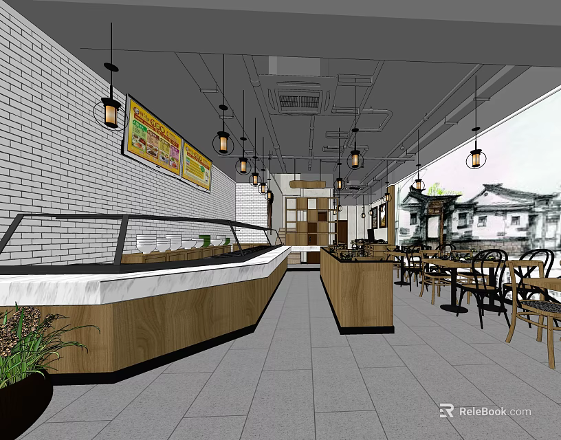 Bright Restaurant Interior With White Brick Wall Hanging Lanterns Display Counter And Tables 3d model