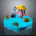 Cute Pink Cartoon Creature With Yellow Mushroom Hat Holding Cane On Platform With Colorful Stones And Grass