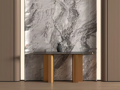 Modern Entryway Design With Marble Wall Decor And Wooden Table With Vase And Flower Branch 3d model