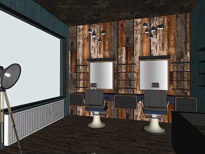 Stylish Hair Salon Interior Design With Wooden Walls Mirrors Pendant Lights And Barber Chairs 3d model