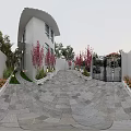 Courtyard Garden Design With Stone Paved Pathway Red Flowering Trees Green Plants And Illuminated Lighting