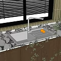 Black Kitchen Sink With Marble Countertop Modern Faucet Green Tiled Wall And Dark Wooden Cabinets