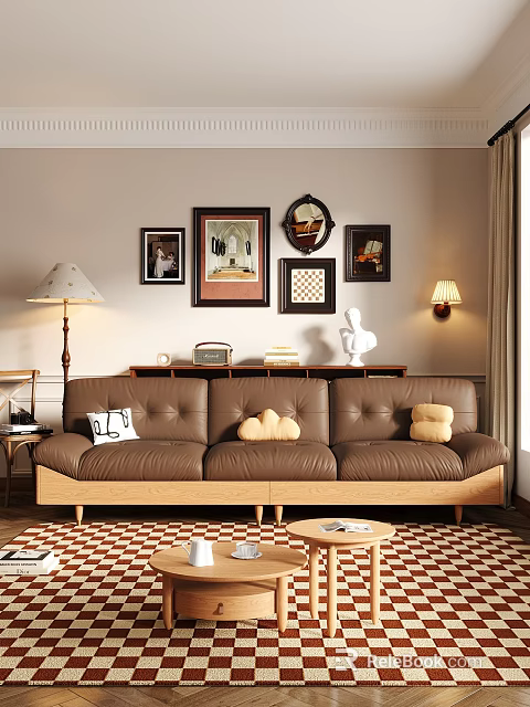 Three Seater Brown Leather Sofa with Throw Pillows Decorative Paintings Mirror Red Black Checkered Floor 3d model 