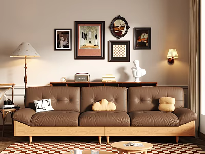 Three Seater Brown Leather Sofa with Throw Pillows Decorative Paintings Mirror Red Black Checkered Floor 3d model
