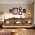 Three Seater Brown Leather Sofa with Throw Pillows Decorative Paintings Mirror Red Black Checkered Floor