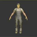 Male Worker In Denim Overalls And Cap Standing Full Body Front View