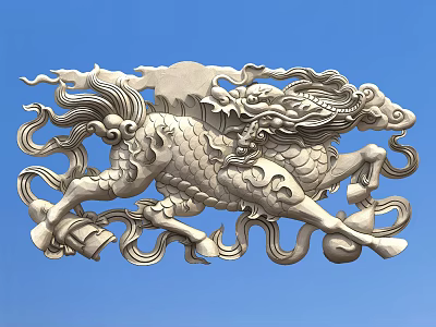 Intricate Silver Carved Kylin Design With Cloud Patterns And Ornamental Details 3d model