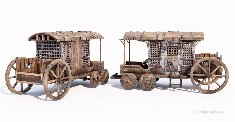 Vintage Wooden Carriages With Canopies And Wooden Wheels On White Background 3d model 