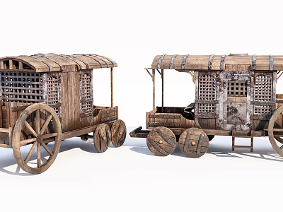 Vintage Wooden Carriages With Canopies And Wooden Wheels On White Background 3d model