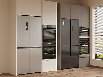 Modern Kitchen With Silver And Dark Gray Refrigerators Built In Ovens And Sleek Cabinets 3d model