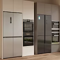 Modern Kitchen With Silver And Dark Gray Refrigerators Built In Ovens And Sleek Cabinets