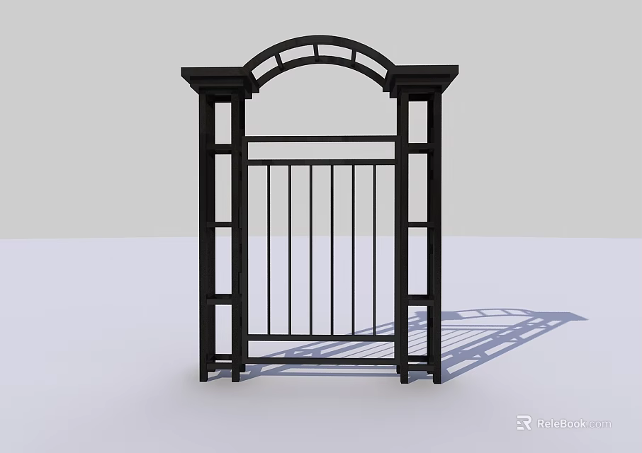 Black Iron Gate Featuring Arched Top Vertical Bars And Decorative Pillars Design 3d model 