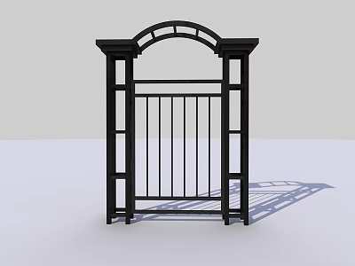 Black Iron Gate Featuring Arched Top Vertical Bars And Decorative Pillars Design 3d model