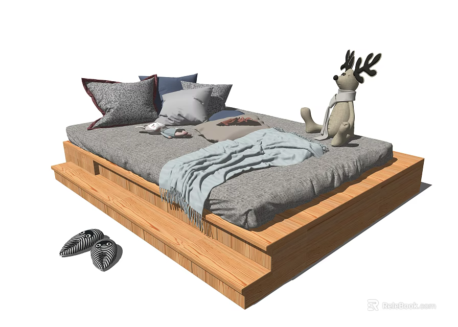 Wooden Frame Kids Bed With Gray Mattress Pillows Blanket Deer Toy And Slippers 3d model 