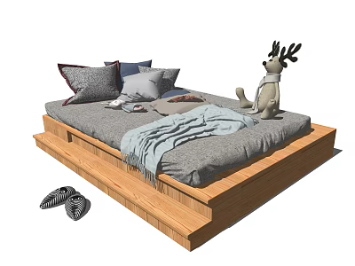 Wooden Frame Kids Bed With Gray Mattress Pillows Blanket Deer Toy And Slippers 3d model