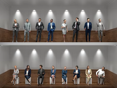 Business Professionals Standing and Sitting in Modern Indoor Space with Wooden Panels and Lighting 3d model