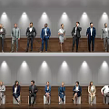 Business Professionals Standing and Sitting in Modern Indoor Space with Wooden Panels and Lighting