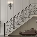 Decorative Iron Staircase Railing With Intricate Scrollwork In Elegant Interior With Sofa And Lamp