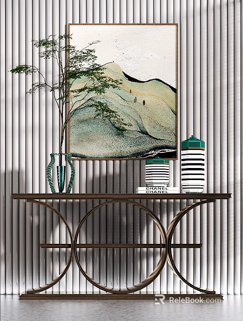 Elegant Modern Console Table With Vase Painting And Striped Decor On Slat Wall 3d model 