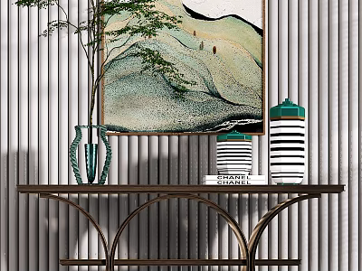 Elegant Modern Console Table With Vase Painting And Striped Decor On Slat Wall 3d model