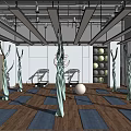 Bright Yoga Studio Interior with Wooden Floor Yoga Mats Exercise Balls Wall Pads and Treadmills