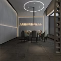 Hotpot Restaurant Modern Interior With Open Space Gray Walls Red Sculpture And Fireplace