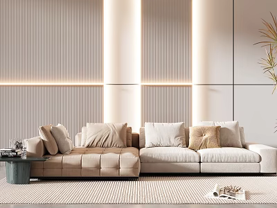 Modern Beige Sectional Sofa In Living Room With Striped Wall Paneling And Ambient Lighting 3d model