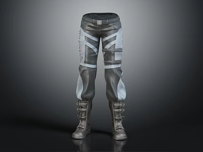 Stylish Gray Cargo Pants with White Accent Strips and High Top Lace Up Boots 3d model
