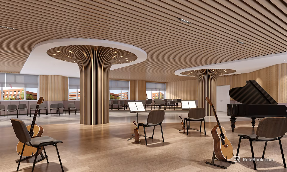 Modern Music Room With Guitars Piano And Wooden Ceiling Columns 3d model 