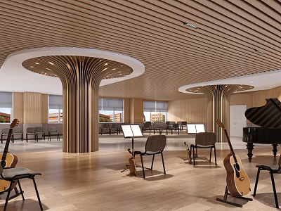 Modern Music Room With Guitars Piano And Wooden Ceiling Columns 3d model