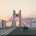 Cable Stayed Bridge With Red Star Decorations Across River By Urban Skyline And Green Trees