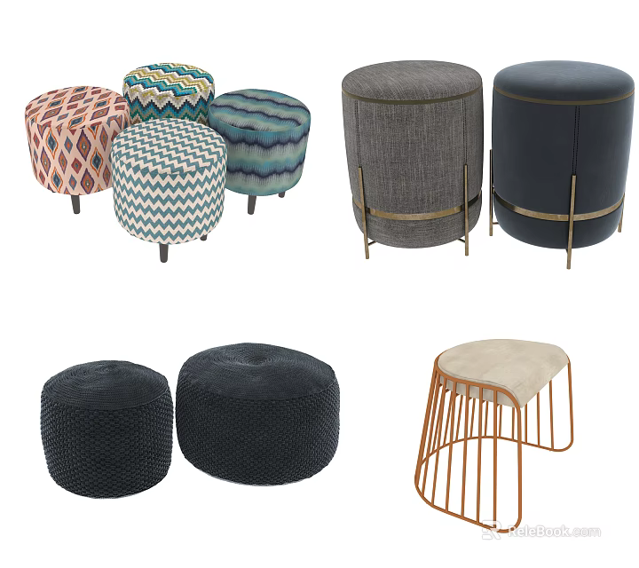 Patterned And Solid Ottoman Seats With Metal Frames For Living Room Decor 3d model