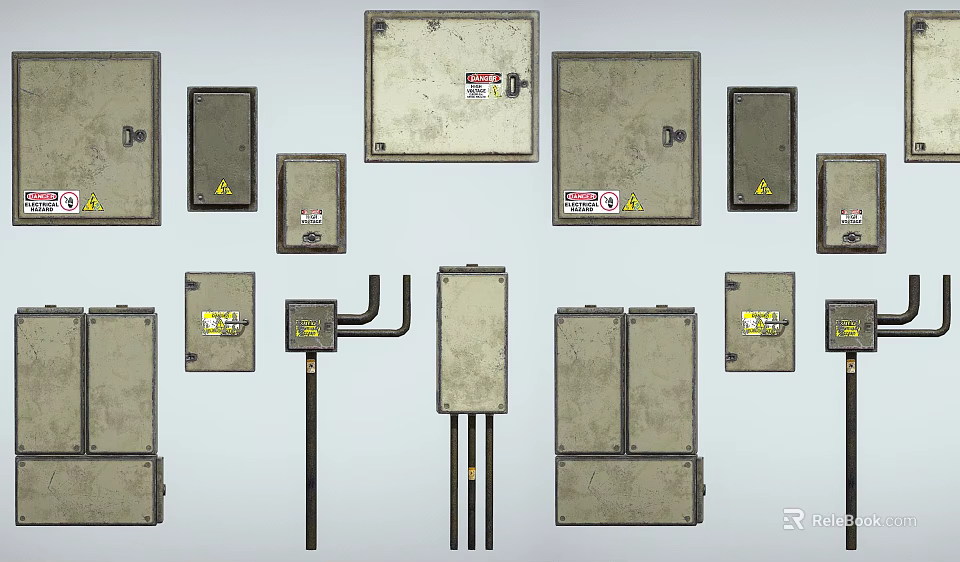 Public Facilities Electrical Utility Enclosures In Various Sizes With Gray Metal Cases And Warning Labels 3d model 