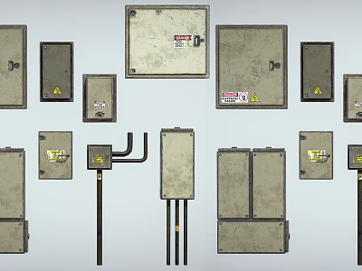 Public Facilities Electrical Utility Enclosures In Various Sizes With Gray Metal Cases And Warning Labels 3d model