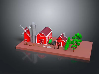 Rural Farm Scene Model With Red Barn Windmill Silos Small House And Green Trees 3d model